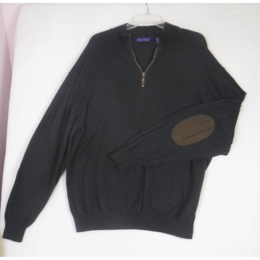 Alan Flusser Sweater Men's XXL Dark Gray‎ 1/4 Zip Pullover Knit Elbow Patches